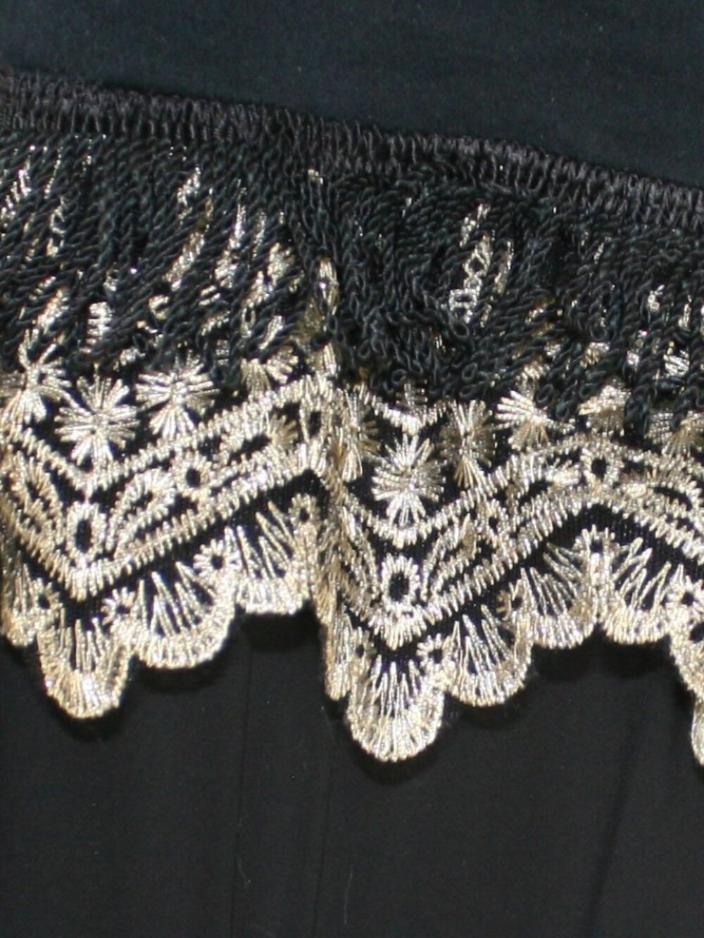 HAND CRAFTED Skirt Denim Maxi Upcycled Lace Floral Fringe Black Gold  12 - Picture 4 of 16